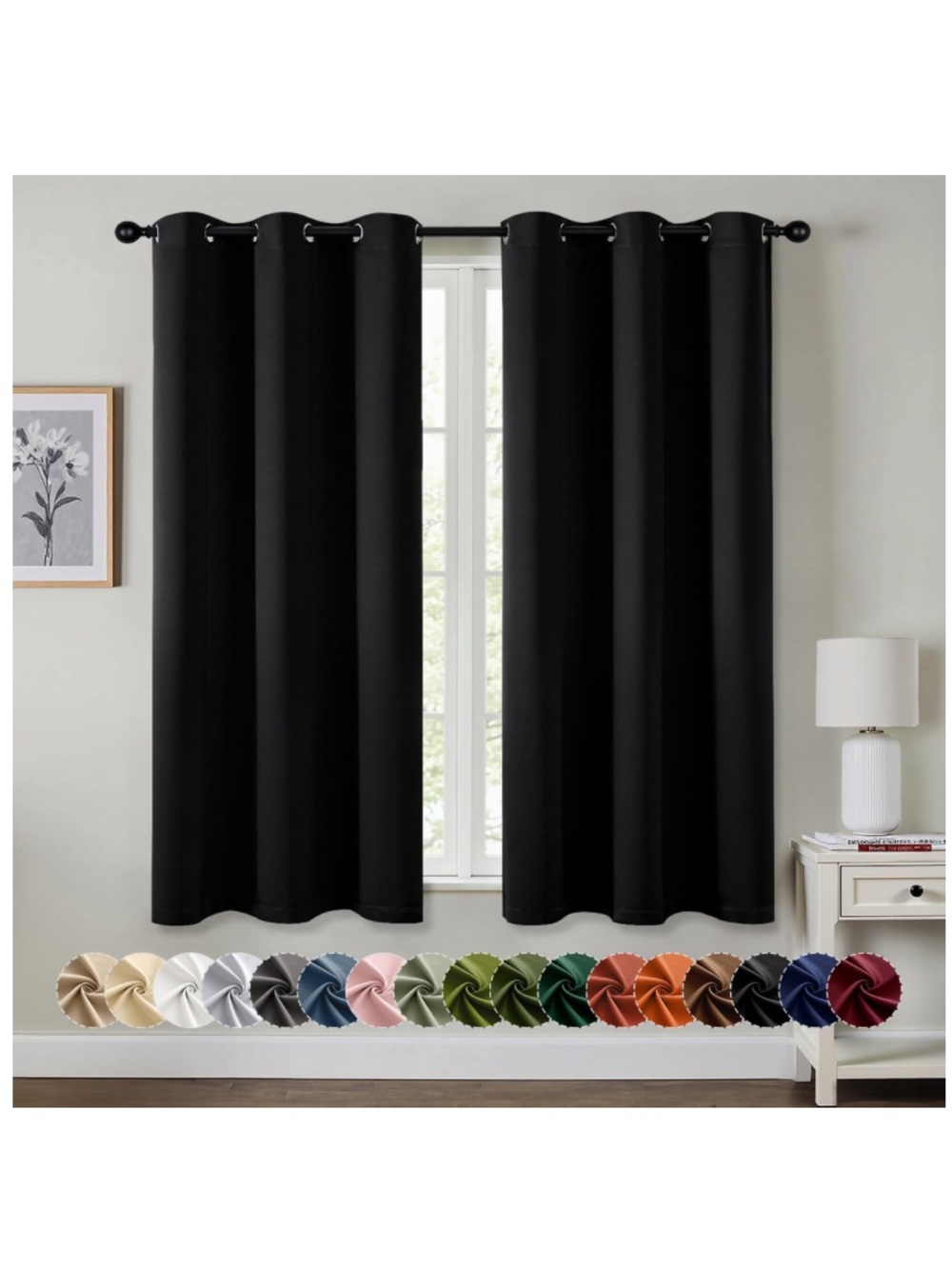 UV Blocking Blackout Curtains Grommet-Style 40x63” (2-Panels) BLACK
